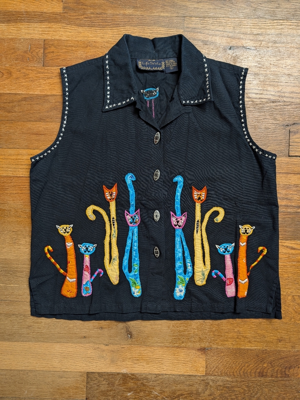 VTG Linen Cotton Vest Embroidered Quited Colorful Cats Grandma Cottage Core XL